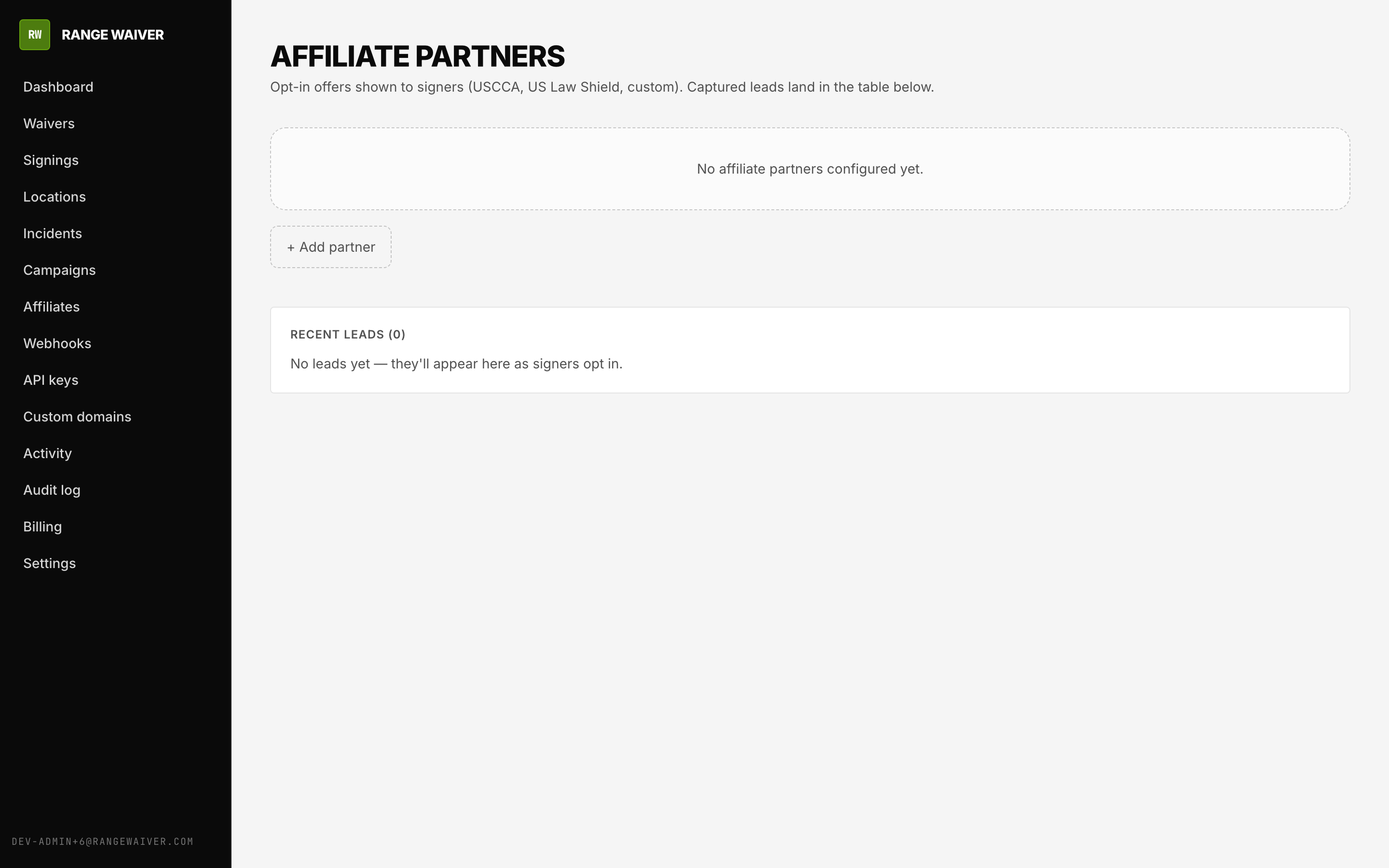 Range Waiver admin affiliates page — manage USCCA / U.S. LawShield / custom partner offers