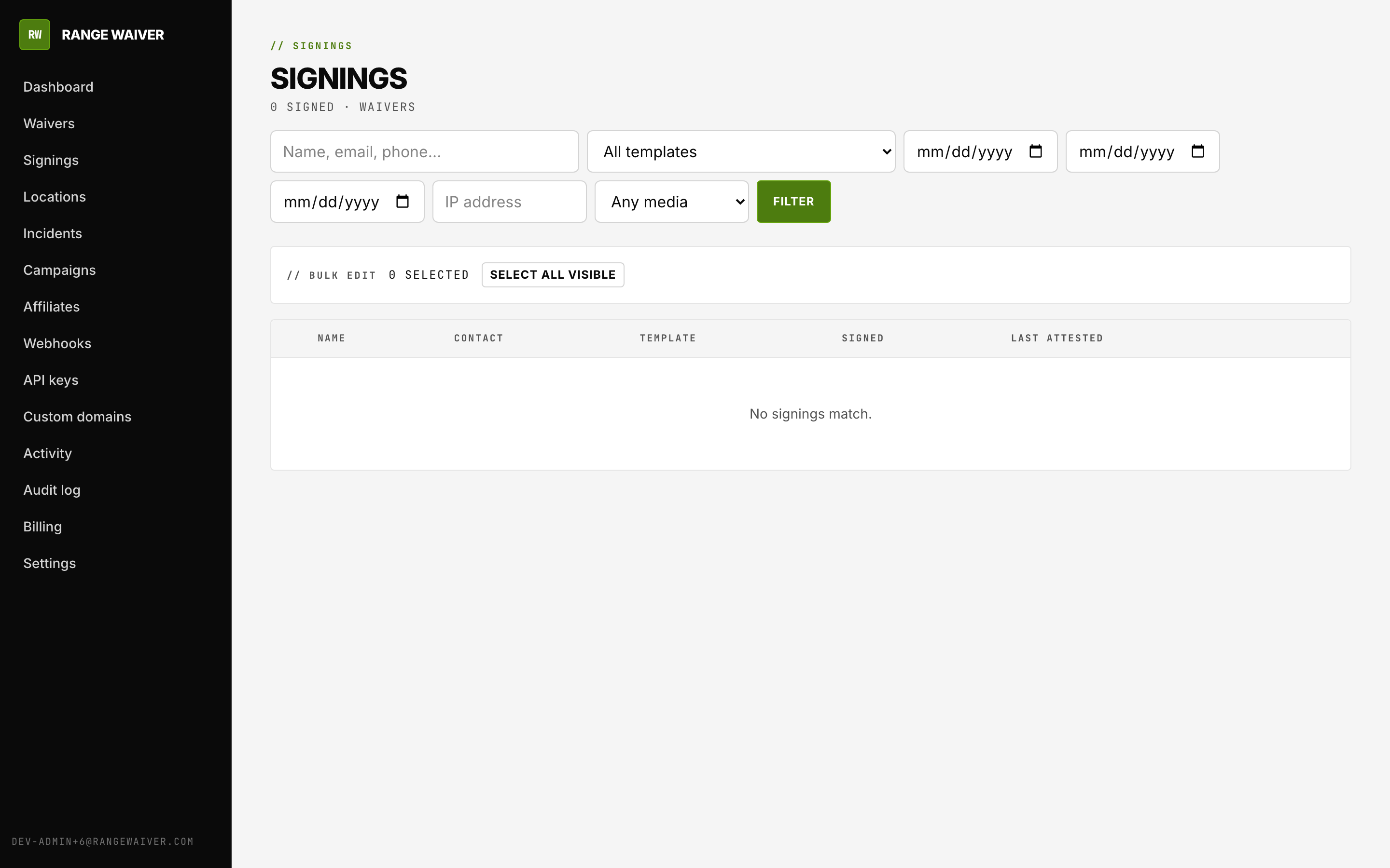 Range Waiver admin signings page — searchable, filterable list of signed waivers